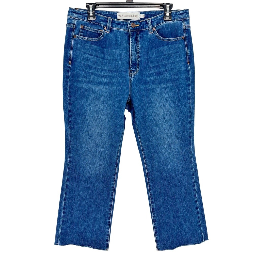 Soft Surroundings Blue Denim Cropped Straight Leg Jeans Raw Hem Size 14P